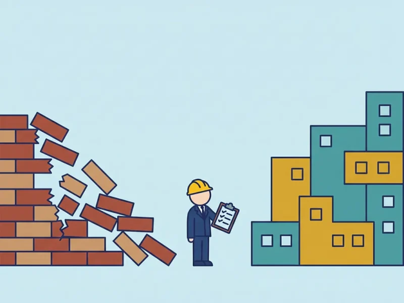 Bouwvakker met klembord tussen instortende bakstenen muur en stabiele geometrische constructie, platte vectorillustratie.