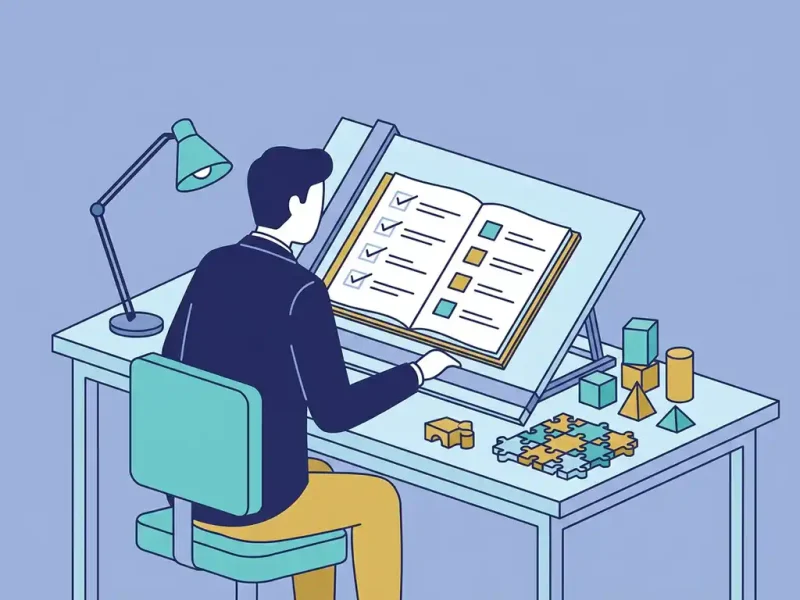 Persoon bestudeert grote checklist op tekeningstafel, omringd door geometrische bouwblokken en modulaire puzzelstukken op bureau.