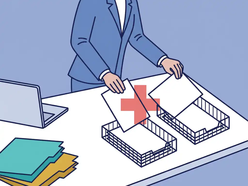 Kantoormedewerker die hetzelfde papieren formulier twee keer indient in aparte bakjes, met rode kruisvorm van overlappende documenten.
