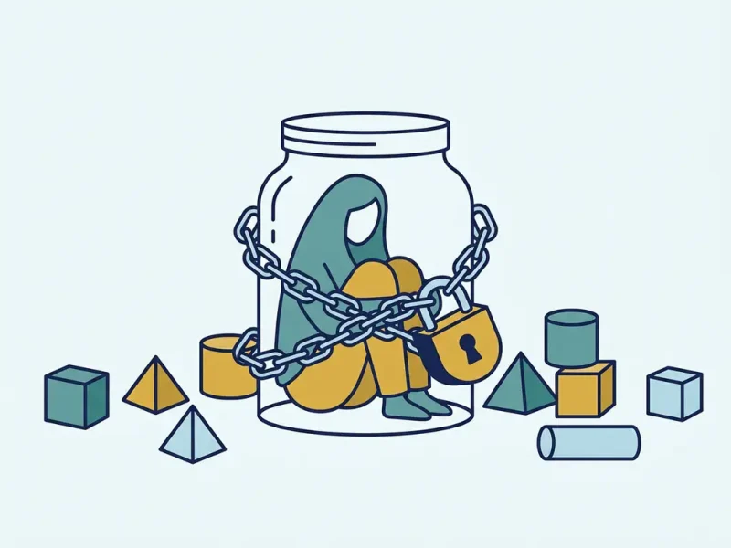 Silhouet van een figuur opgesloten in een afgesloten glazen pot met ketting en hangslot, omringd door geometrische bouwblokken.
