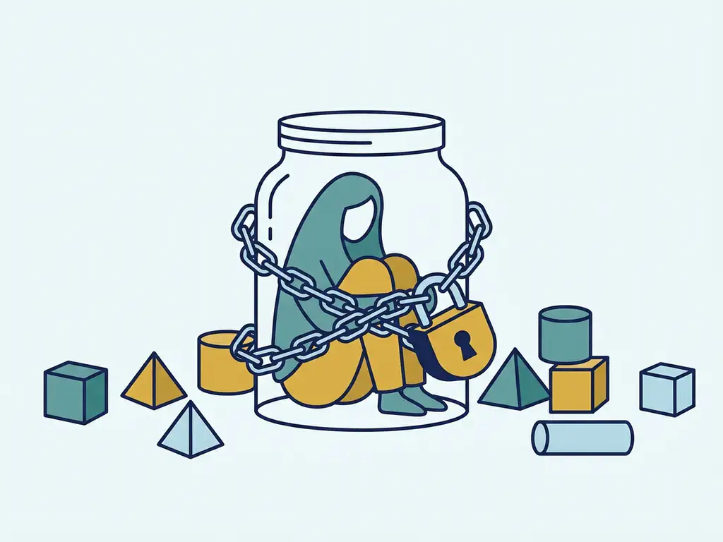 Silhouet van een figuur opgesloten in een afgesloten glazen pot met ketting en hangslot, omringd door geometrische bouwblokken.