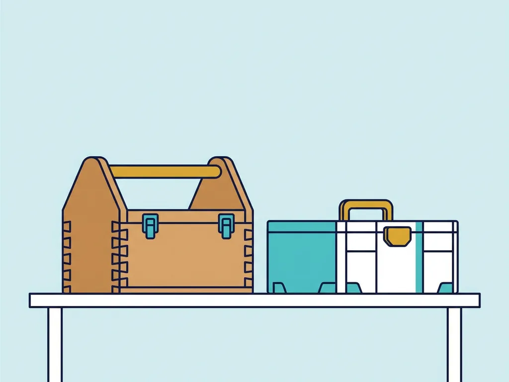 Handgemaakte houten gereedschapskist met gesneden verbindingen naast een strakke flatpack opbergdoos op een wit bureau.