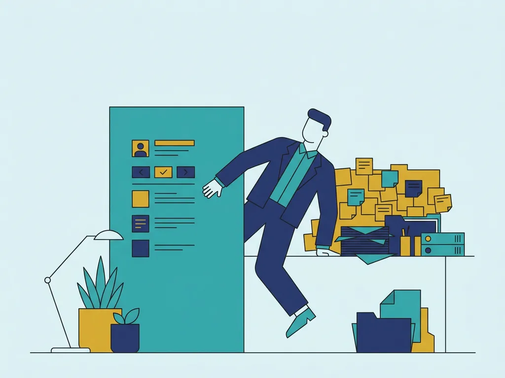 Kantoormedewerker omzeilt een grote softwareblokade via een rommelige omweg van sticky notes en papierstapels.