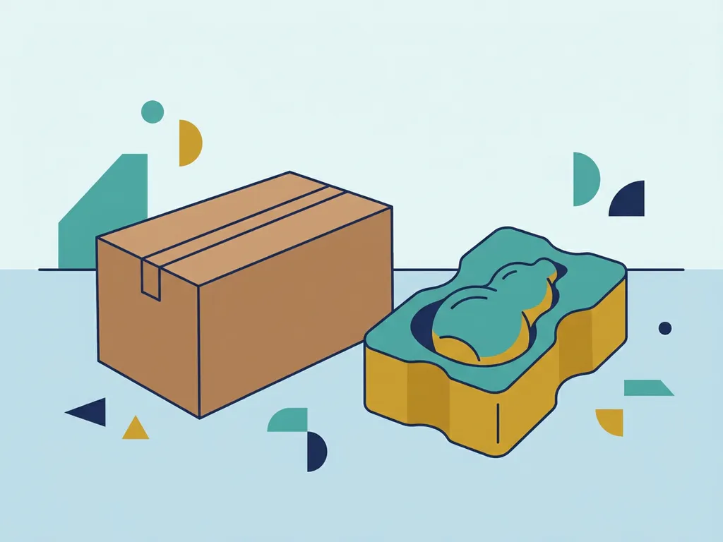 Standaard kartonnen doos naast een op maat gevormde verpakking voor een onregelmatig object, vlakke vectorillustratie in teal en mosterdgeel.