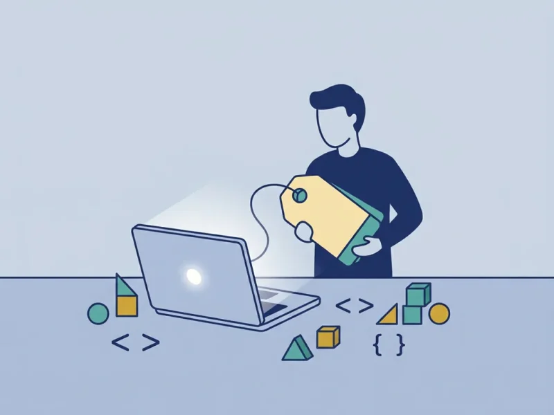 Vereenvoudigde figuur die een groot prijskaartje op een gloeiende laptop onderzoekt, omringd door geometrische bouwblokken en code-symbolen.