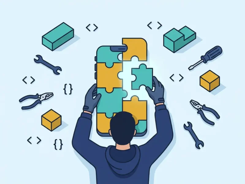 Ontwikkelaar assembleert geometrische puzzelstukken tot een gloeiende mobiele telefoon, met teal en mosterdgele blokken en code-symbolen.