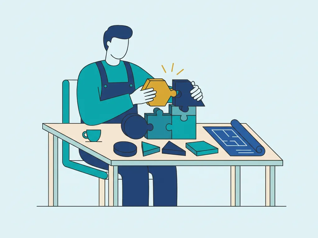 Vereenvoudigde werkfiguur assembleert puzzelvormige softwaremodules op bureau, met één gloeiend mosterdgeel blok als perfecte passing.