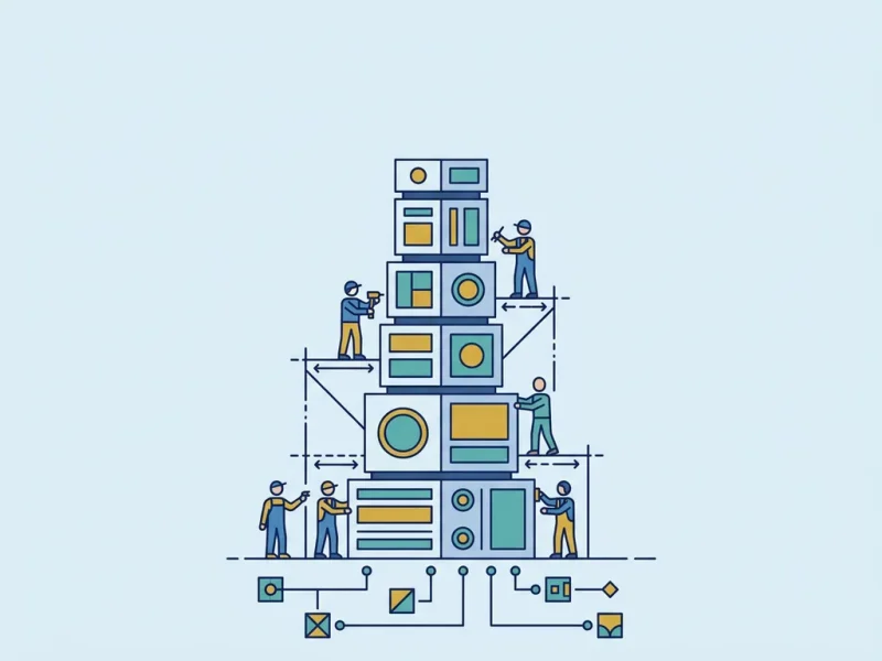 Kleine figuren bouwen een modulaire toren van geometrische blokken in teal en mosterdgeel op een lichtblauwe achtergrond.