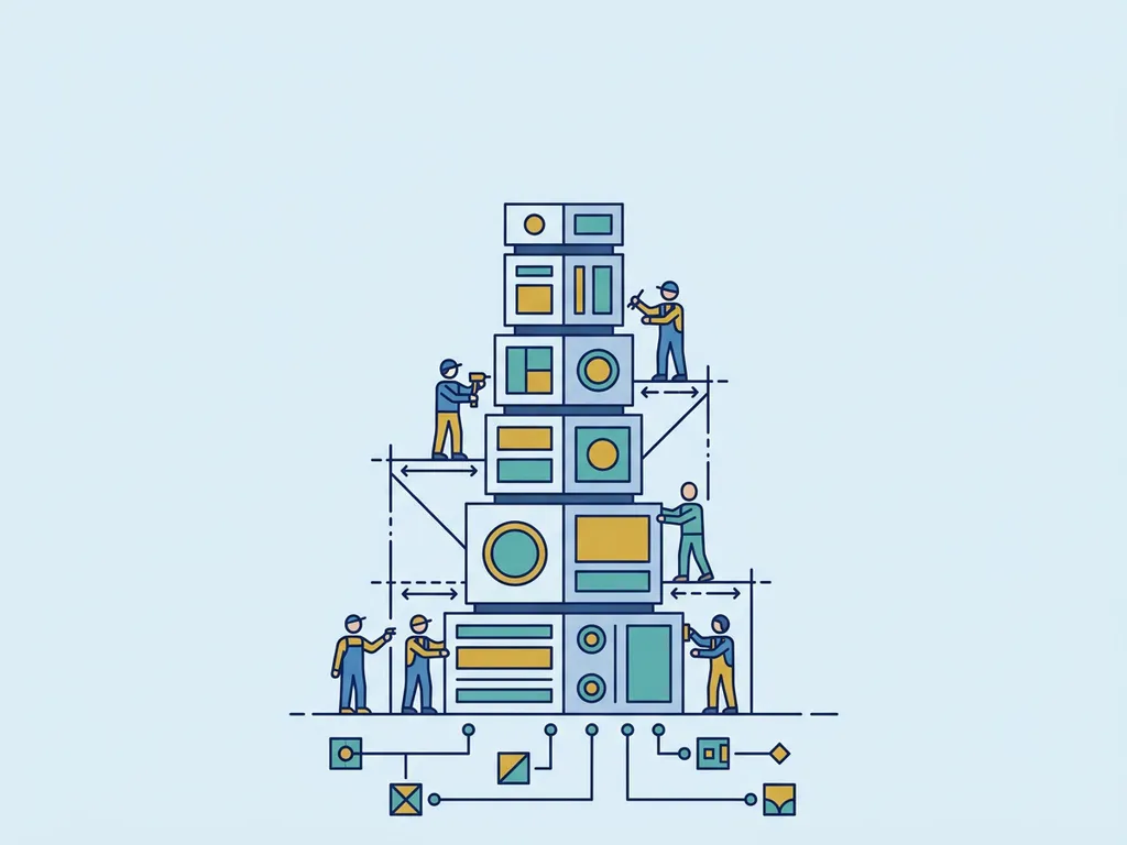 Kleine figuren bouwen een modulaire toren van geometrische blokken in teal en mosterdgeel op een lichtblauwe achtergrond.