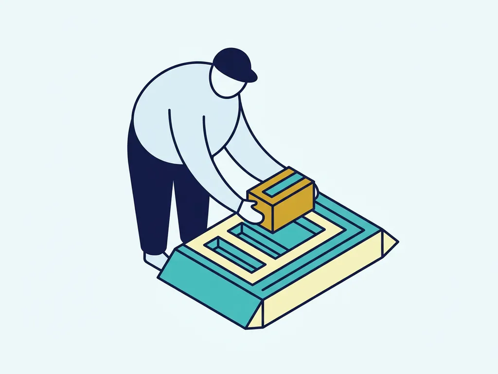 Ontwikkelaar plaatst een houten blok op een minimalistische structuur, vlakke vectorillustratie in Scandinavische stijl met blauwe achtergrond.