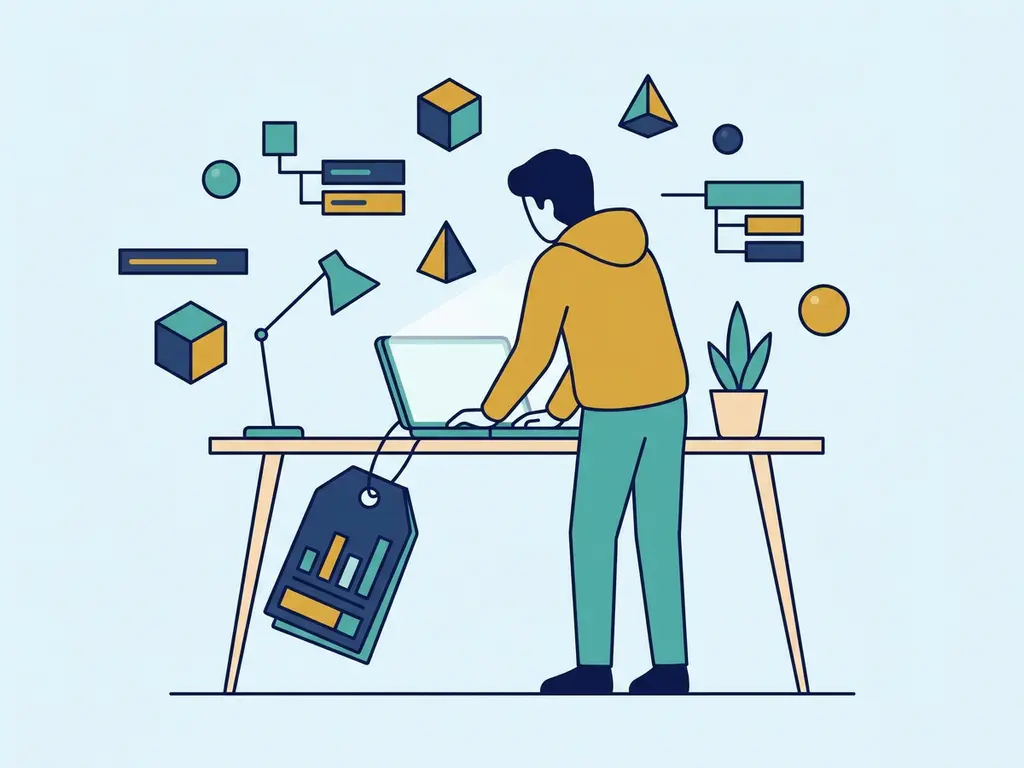Ontwikkelaar bekijkt grote prijskaart aan gloeiende laptop, omringd door drijvende modulaire softwarecomponenten in platte vectorillustratie.