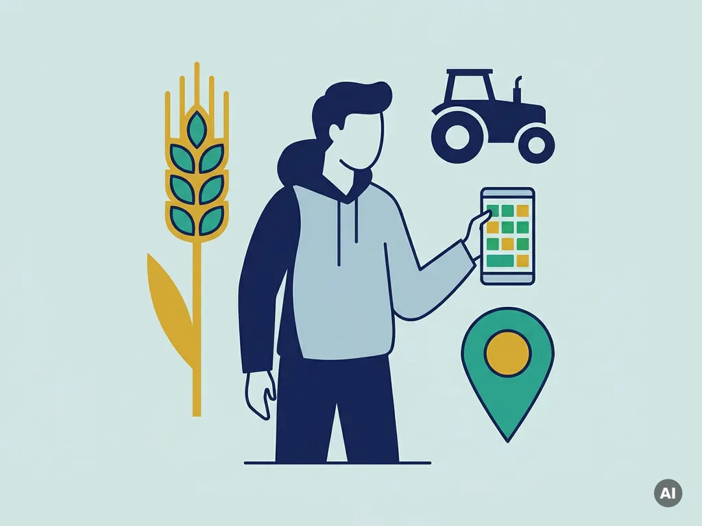 Ontwikkelaar houdt smartphone met veldgrid, omringd door landbouwiconen: tarwe, tractor en locatiepin op blauwe achtergrond.