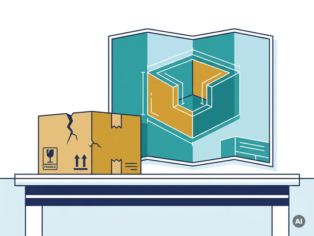 Gebarsten generieke kartonnen doos naast een blauwdruk van een op maat gemaakt alternatief, vlakke vectorillustratie in teal en mosterdgeel.