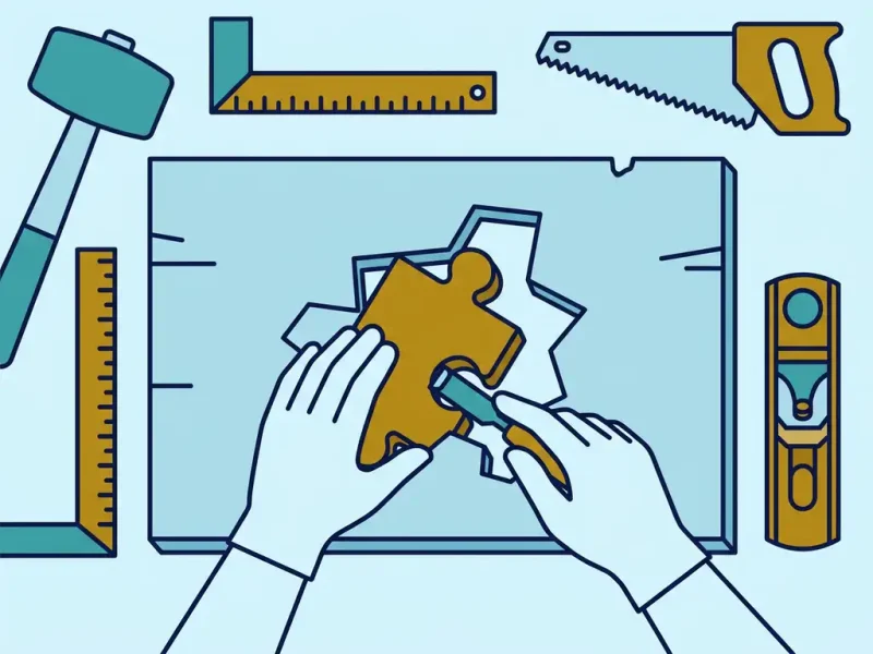 Ambachtsman snijdt op maat gemaakt houten puzzelstuk op werkbank met geometrische gereedschappen, vlakke vectorillustratie in teal en mosterdgeel.