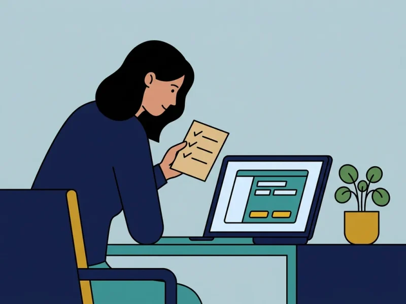 Professional leunt voorover aan minimalistisch bureau met handgeschreven checklist naast open laptop, moderne Scandinavische werkplek.