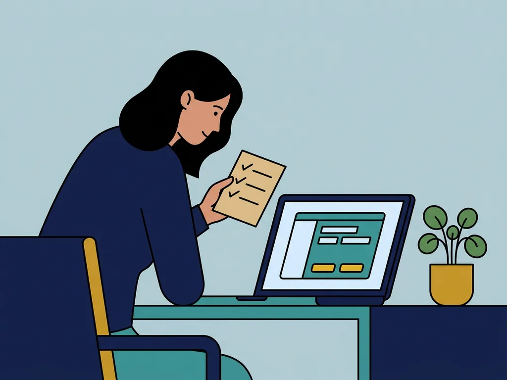 Professional leunt voorover aan minimalistisch bureau met handgeschreven checklist naast open laptop, moderne Scandinavische werkplek.