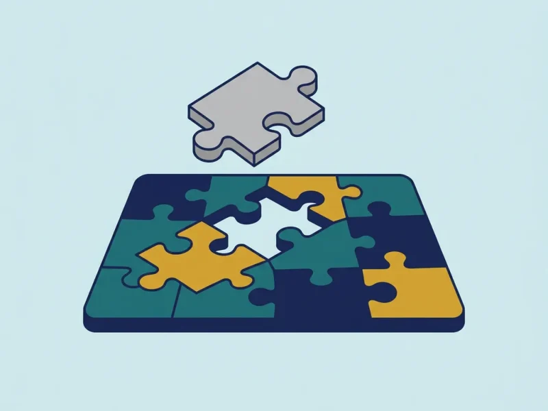 Grijze puzzelstuk past niet in een kleurrijk bord omringd door unieke stukken in teal en mosterdgeel op blauwe achtergrond.