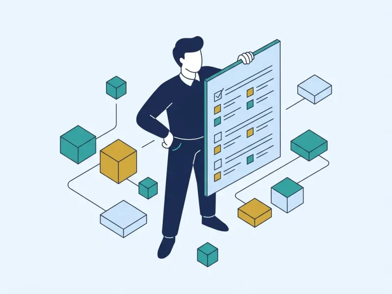 Persoon houdt groot checklistdocument als schild vast, omgeven door softwarearchitectuur-elementen in platte vectorstijl.