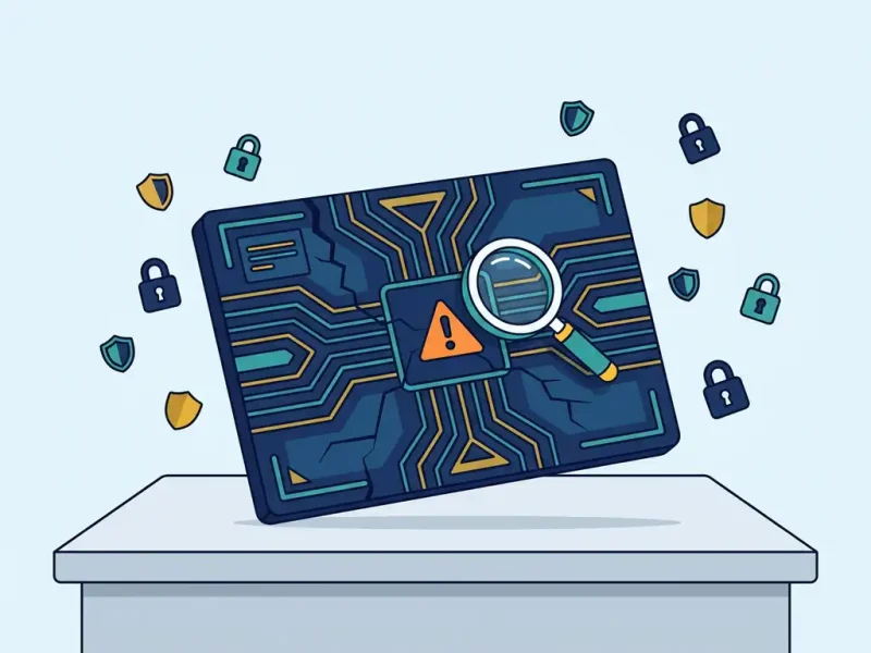 Vergrootglas boven waarschuwingssymbool in gekanteld software-interface met sloten en schildiconen op lichtblauwe achtergrond.