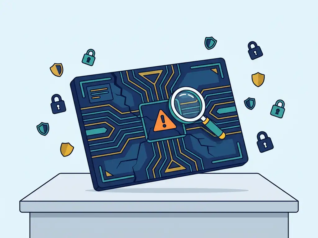Vergrootglas boven waarschuwingssymbool in gekanteld software-interface met sloten en schildiconen op lichtblauwe achtergrond.