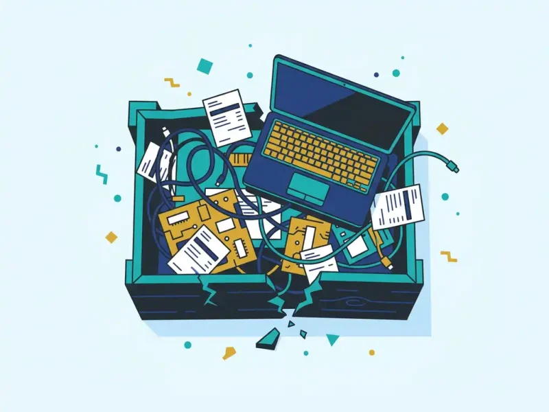 Opengekraakte houten kist met kabels, elektronische onderdelen en facturen onder een laptop op lichtblauwe ondergrond.
