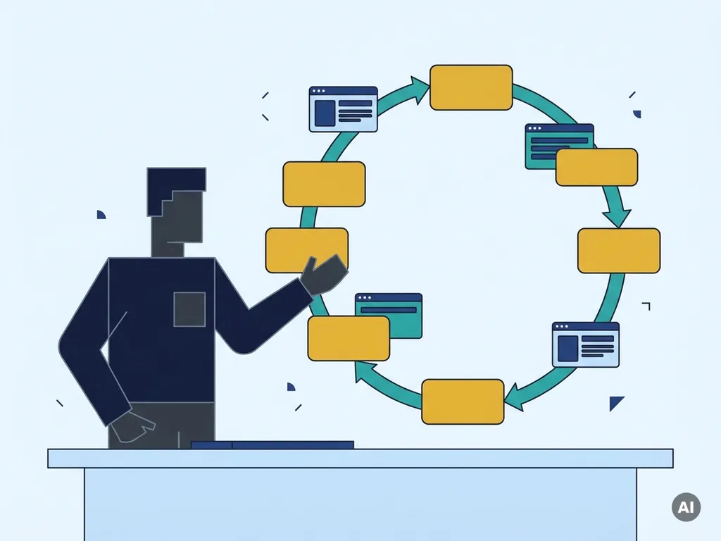 Geometrische werkfiguur beheert een circulaire workflow met verbonden gele procesblokken en teal connectoren op een minimalistisch bureau.