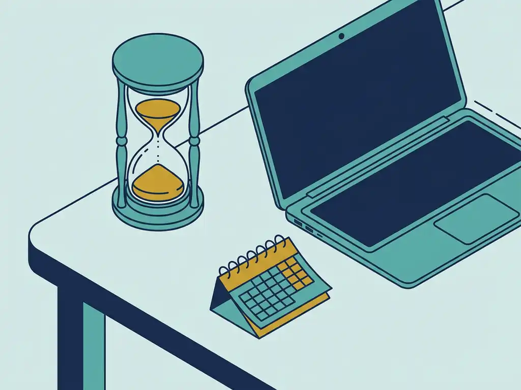 Houten zandloper op modern bureau naast open laptop en papieren kalender, in Scandinavische illustratiestijl met teal en mosterdgeel.
